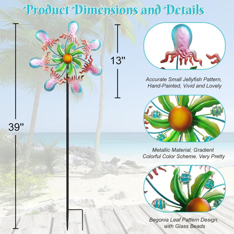 Senflame Jellyfish Wind Spinners - 39" Ocean-Themed Metal Wind Sculptures Garden Stake Art, 13.5” Windmill Yard Kinetic, Outdoor Decor for Patio & Lawn - Metal Beach Sculpture with Jellyfish Design - Image 3